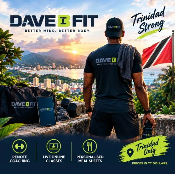 David overlooking Trinidad in DaveBfit kit, beside the Trinidad and Tobago flag.